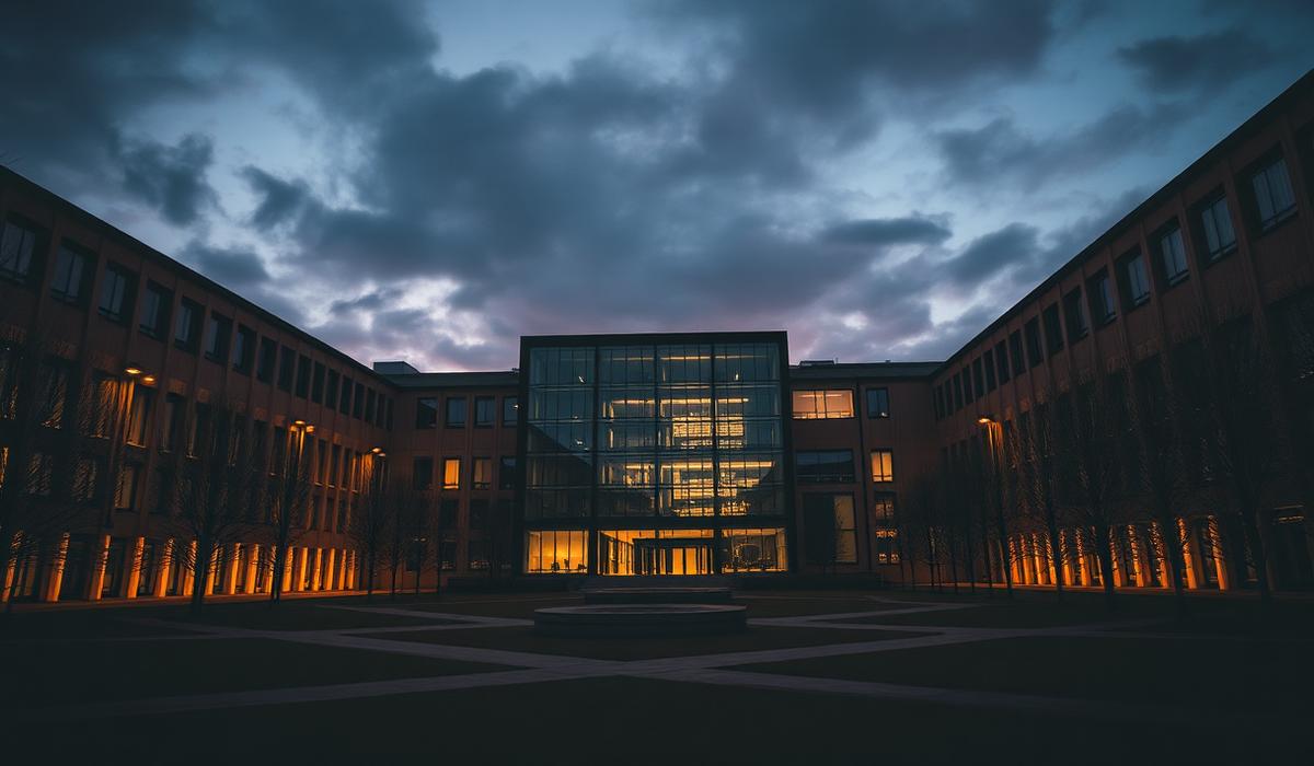 European university campus at dusk